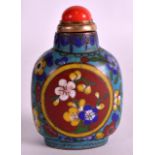 A LATE 19TH CENTURY CHINESE CLOISONNE ENAMEL SNUFF BOTTLE AND STOPPER decorated with flowers and