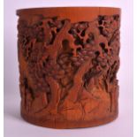 AN EARLY 20TH CENTURY CHINESE CARVED BAMBOO BRUSH POT Qing/Republic, decorated with figures under