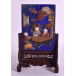 A CHINESE QING DYNASTY CARVED LAPIS LAZULI SCHOLARS SCREEN with hardwood frame, decorated with three