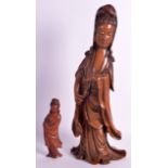 AN EARLY 19TH CENTURY CHINESE CARVED HARWOOD FIGURE OF GUANYIN together with a smaller late Qing