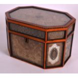 A FINE EARLY 19TH CENTURY SATINWOOD ROLLED PAPER TEA CADDY of octagonal form, decorated all over