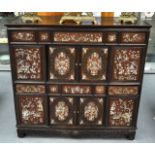 A FINE 19TH CENTURY CHINESE CARVED HARDWOOD AND MOTHER OF PEARL CABINET decorated all over with