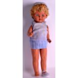 A LARGE 1940S CHILDS DOLL in the form of a curly haired blond child, in blue dress. Stamped FP.