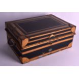 A MID 19TH CENTURY ENGLISH TOLEWARE TIN RECTANGULAR DEEDS BOX highlighted in gilt, with fitted