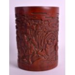 AN EARLY 20TH CENTURY CHINESE CARVED BAMBOO BRUSH POT Qing/Republic, decorated with figures on