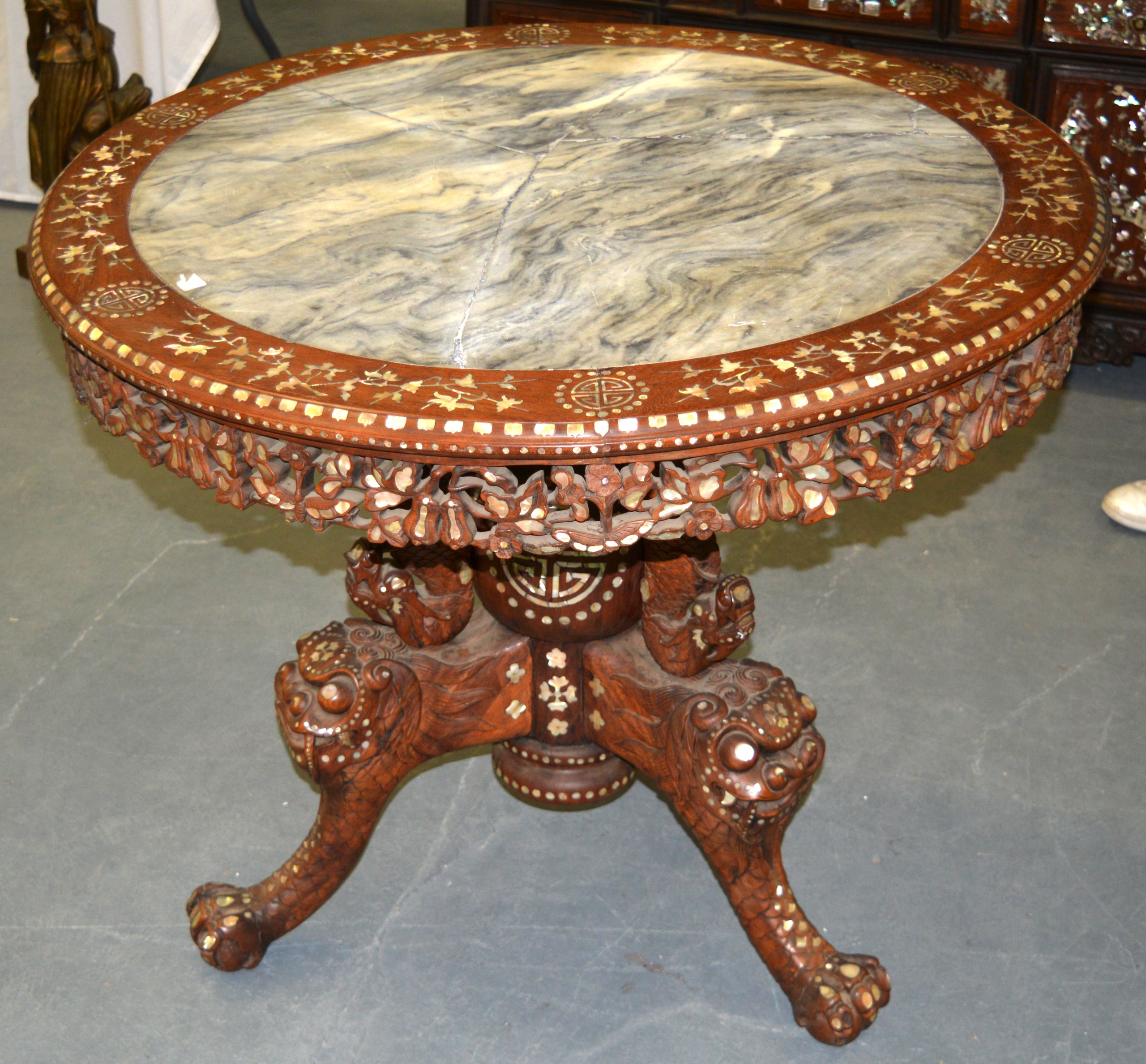 A GOOD LATE 19TH CENTURY CHINESE MOTHER OF PEARL MARBLE INSET BREAKFAST TABLE with carved floral