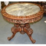 A GOOD LATE 19TH CENTURY CHINESE MOTHER OF PEARL MARBLE INSET BREAKFAST TABLE with carved floral