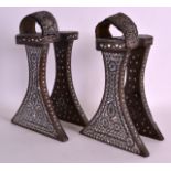 A RARE LARGE PAIR OF 19TH CENTURY SILVER AND MOTHER OF PEARL STILTS with pierced foliate mounts.