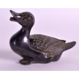 A CHINESE BRONZE SCROLL WEIGHT 20th Century, in the form of a duck, modelled recumbant. 3.25ins