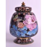 AN EARLY 20TH CENTURY JAPANESE TAISHO PERIOD CLOISONNE ENAMEL VASE AND COVER decorated with flowers.