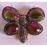 A 14CT OLD CUT DIAMOND AND RAINBOW TOURMALINE BROOCH.