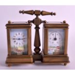 A SMALL FRENCH BRASS CARRIAGE TWIN CLOCK with barometer, the panels possibly later replacements. 4.