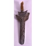 A 19TH CENTURY EASTERN RHINOCEROS HORN HANDLED KRISS DAGGER with pierced foliage scabbard. 6.5ins