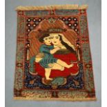 AN UNUSUAL MADONNA AND CHILD SMALL RUG within a border of Islamic symbols. 2Ft 5ins x 1ft 11ins.
