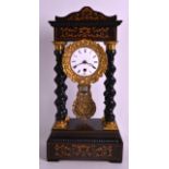 A LATE 19TH CENTURY FRENCH EBONISED AND MARQUETRY INLAID PORTICO CLOCK with barley twist supports,