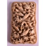 A GOOD MID 19TH CENTURY CHINESE CARVED CANTON IVORY CARD CASE & COVER unusually decorated with