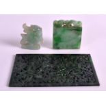 A LATE 19TH CENTURY CHINESE CARVED JADEITE RECTANGULAR PLAQUE of pierced form, togther with a