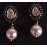 A PAIR OF 14CT OLD CUT DIAMOND AND PEARL DROP EARRINGS.