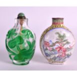 A 19TH CENTURY CHINESE CANTON ENAMEL FAMILLE ROSE SNUFF BOTTLE together with a peking glass snuff