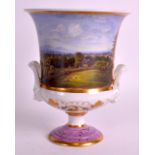 AN EARLY 19TH CENTURY CHAMBERLAINS WORCESTER TWIN HANDLED VASE painted with landscapes unfder a gilt