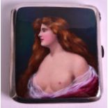 AN ART DECO ALPACCA ENAMELLED CIGARETTE CASE painted with a female with exposed breasts. 3.25ins