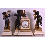 A GOOD 19TH CENTURY FRENCH ORMOLU AND BRONZE CLOCK GARNITURE modelled as a putti holding aloft a