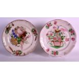 TWO 18TH/19TH CENTURY TIN GLAZED FLORAL PLATES. 11.5ins diameter.