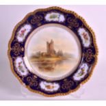 A ROYAL WORCESTER PORCELAIN CABINET PLATE painted with a Castle scene by John Stinton. 9Ins