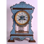 AN UNUSUAL LATE 19TH CENTURY FRENCH BRONZE AND CHAMPLEVE ENAMEL MANTEL CLOCK of scrolling form, with