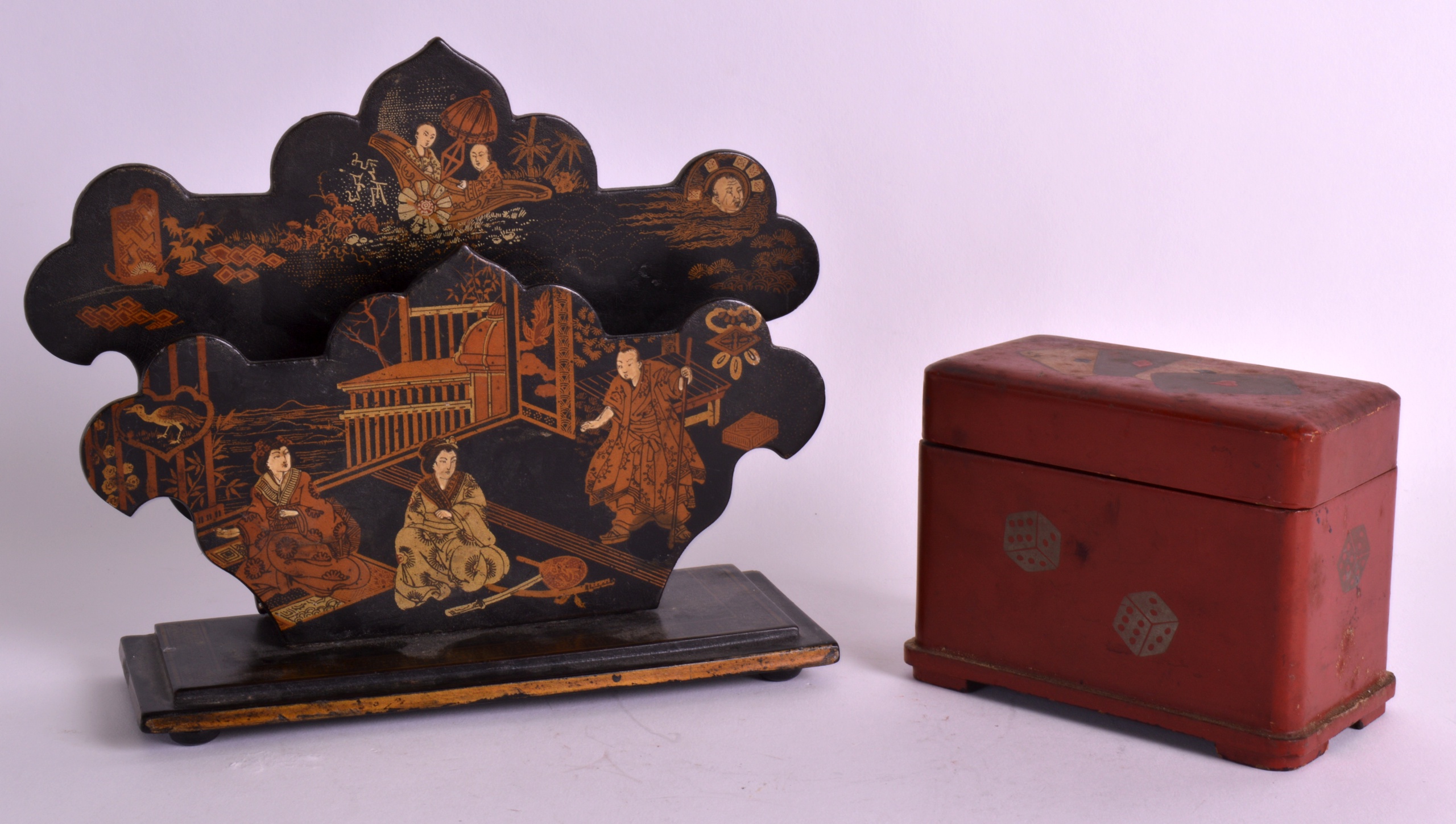 A LATE 19TH CENTURY PAPIER MACHE LETTER RACK together with a red lacquer card box. 8Ins & 4.5ins
