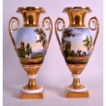 A GOOD PAIR OF 19TH CENTURY TWIN HANDLED PARIS PORCELAIN VASES one painted with a figure on a hors,e