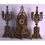 A 19TH CENTURY FRENCH GILT METAL CLOCK GARNITURE of large proportions, the mantel surmounted with