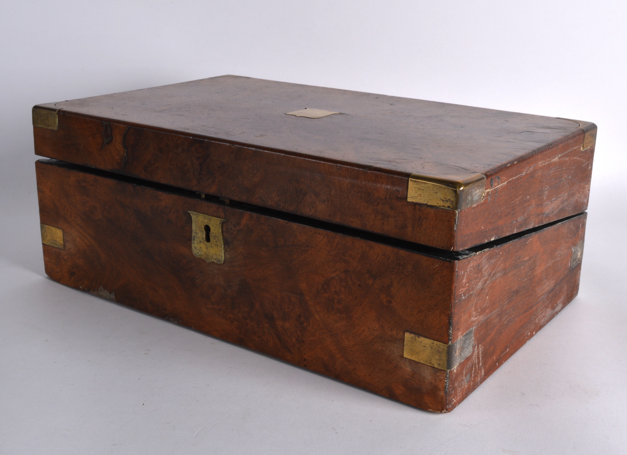 A VICTORIAN BURR WALNUT GENTLEMANS WRITING BOX with brass fittings. 1Ft 2ins wide.