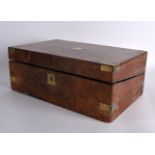 A VICTORIAN BURR WALNUT GENTLEMANS WRITING BOX with brass fittings. 1Ft 2ins wide.