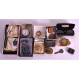 A COLLECTION OF VINTAGE JEWELLERY to also include medals, cigarette cards, a silver fob watch