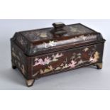 A LATE 19TH CENTURY CHINESE CARVED HONGMU MOTHER OF PEARL INLAID CASKET decorated with figures and