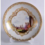 AN 18TH MEISSEN PORCELAIN SAUCER painted with a quatrefoil shaped cartouche of figures. 5.25ins