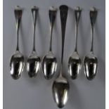 A COMPOSITE SET OF FIVE 18TH CENTURY ENGLISH SILVER SPOONS together with a Georgian serving spoon.