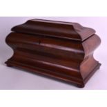 A LARGE MID VICTORIAN CARVED MAHOGANY SARCOPHAGUS SHAPED TEA CADDY with two removable covers,