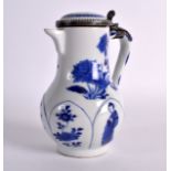 A 17TH CENTURY CHINESE BLUE AND WHITE COFFEE POT Kangxi, with European silver mounts, painted with