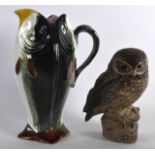 A 19TH CENTURY FRENCH MAJOLICA PITCHER together with a Poole pottery owl. 9.5ins & 7.5ins high. (2)