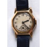 A VINTAGE 9CT YELLOW GOLD OCTAGONAL GENTLEMANS WRISTWATCH. Dial 1.25ins wide.