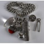 AN EARLY 20TH CENTURY SILVER ALBERT CHAIN with attached rotary swivel watch, large pendant etc.