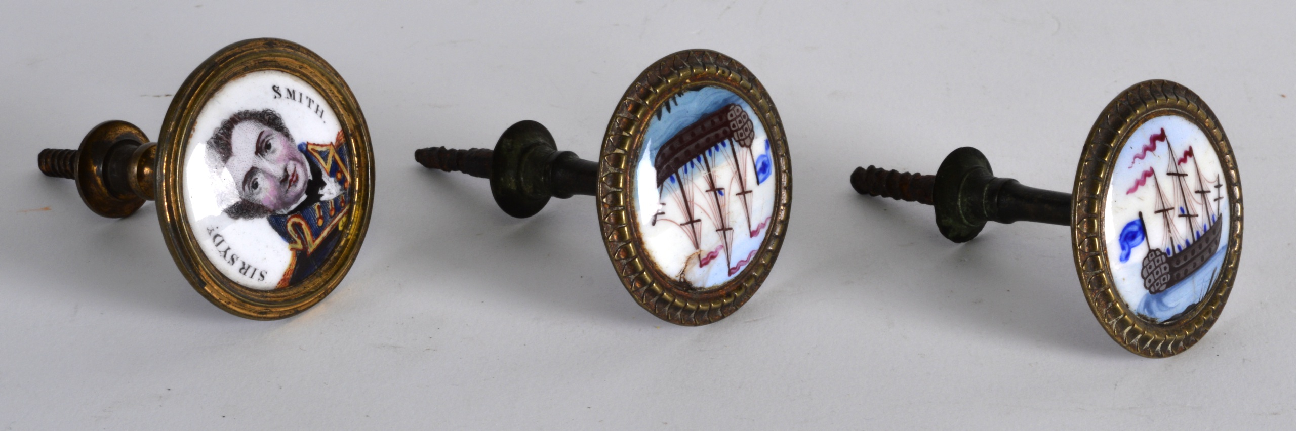 A RARE SET OF 18TH/19TH CENTURY EUROPEAN ENAMEL PULLS painted with Sir Sydney Smith and two