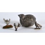 A LATE 19TH CENTURY CONTINENTAL SILVER BIRD BOX AND COVER together with three other white metal