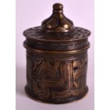 A 13TH/14TH CENTURY PERSIAN BRONZE INKWELL with removable top, decorated all over with Kufic script.