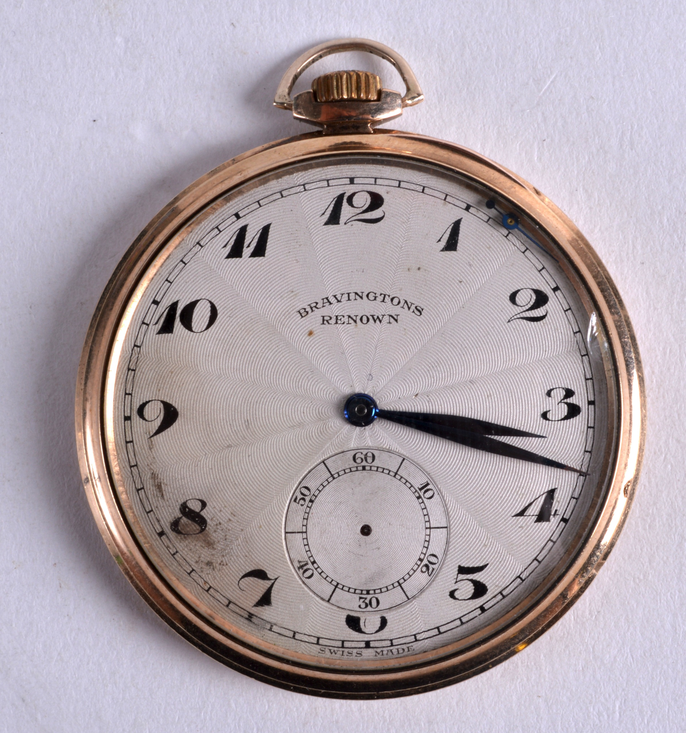 A VINTAGE 9CT YELLOW GOLD BRAVINGTONS POCKET WATCH. 1.75ins diameter.