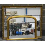 A LARGE VINTAGE GILT WOOD FRAMED MIRROR together with a smaller over mantel mirror. (2)