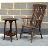 AN EARLY 20TH CENTURY PINE WINDSOR TYPE CHAIR together with a Moorish style occasional table. (2)