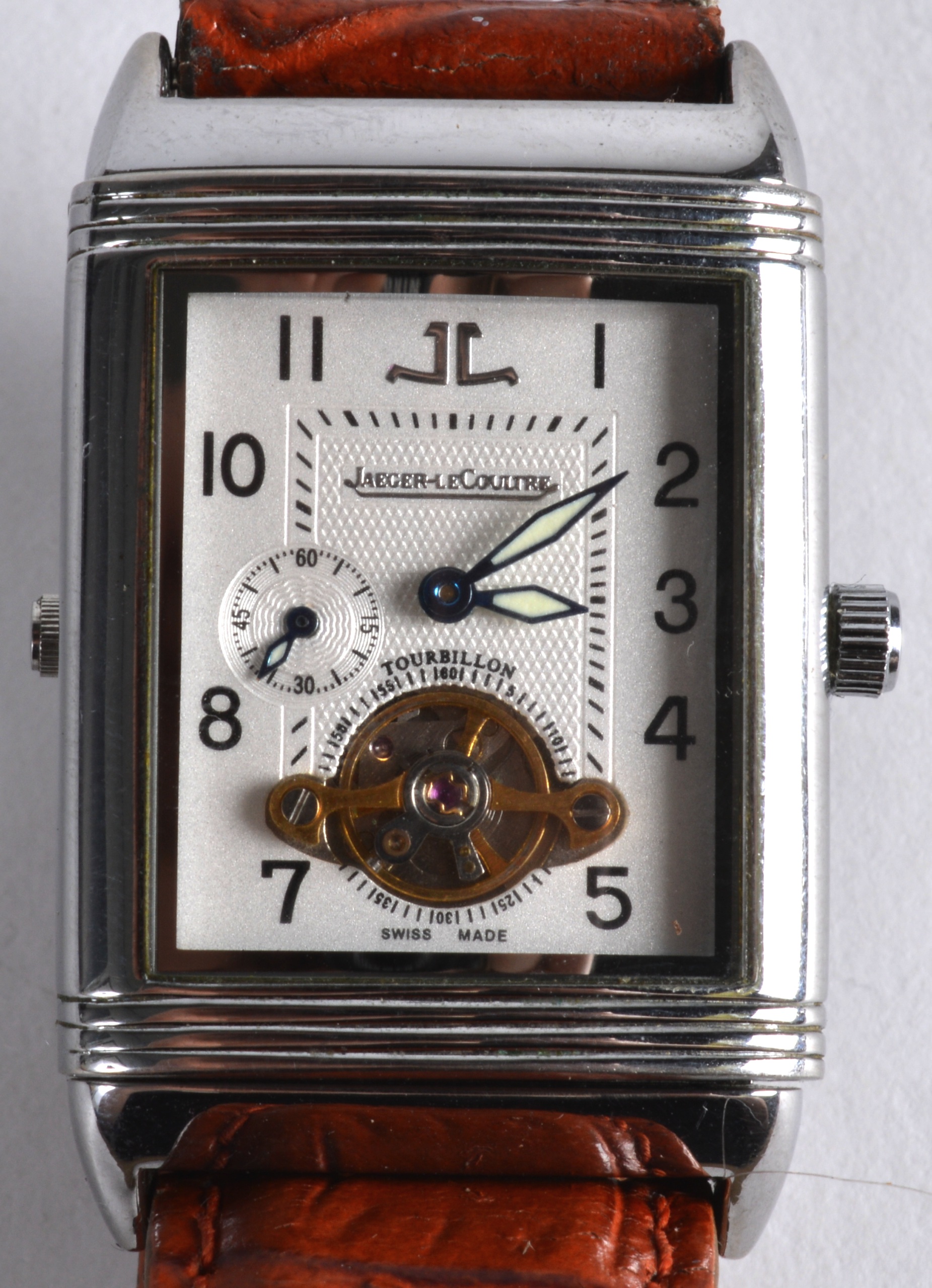 A VINTAGE JAEGAR LE COULTRE GENTLEMANS REVERSO WRISTWATCH with swivel dial and leather strap. Dial - Image 2 of 3